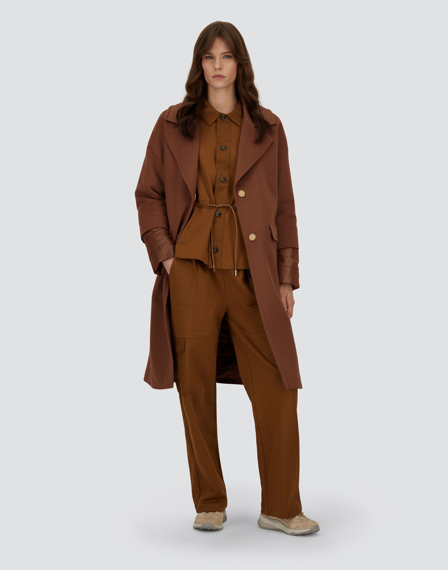 レディース ピュアカシミア&ナイロンウルトラライト コート 革色