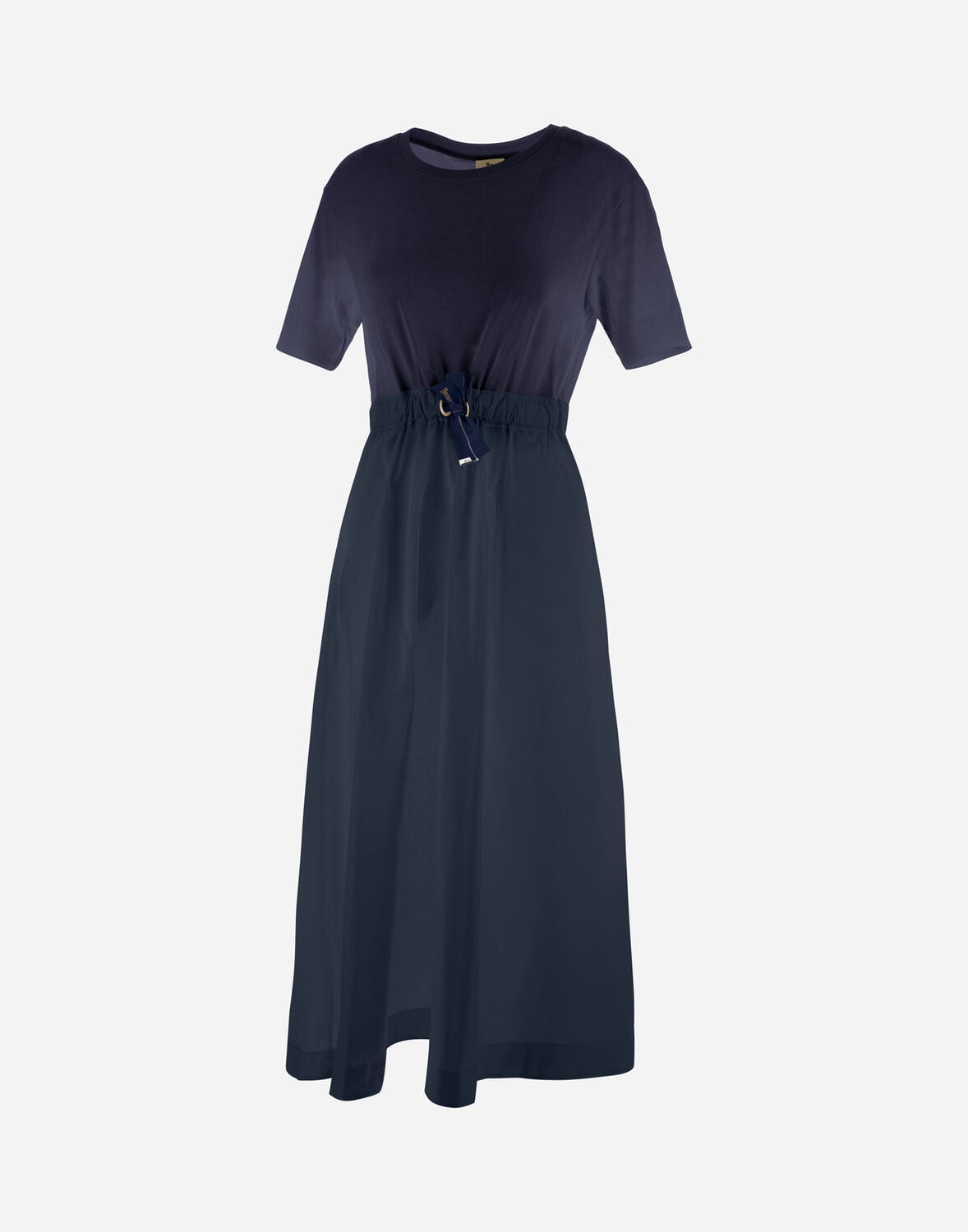 Herno Blue Crewneck Midi Dress With Elastic Drawstring Waist And Panelled Design In Tech Fabric Woman In Black