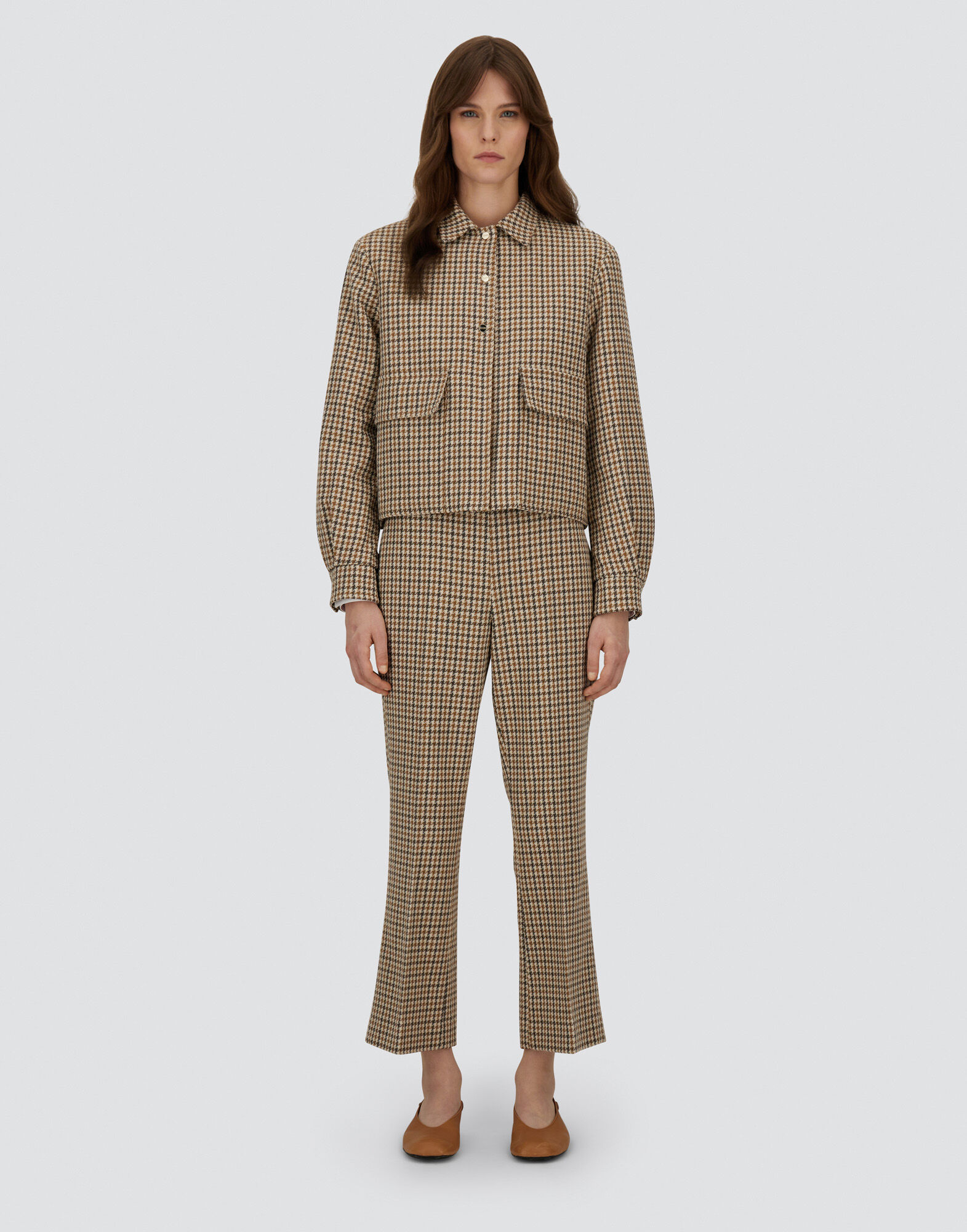 レディース ウールコットン ハウンドトゥース シャケット キャメル