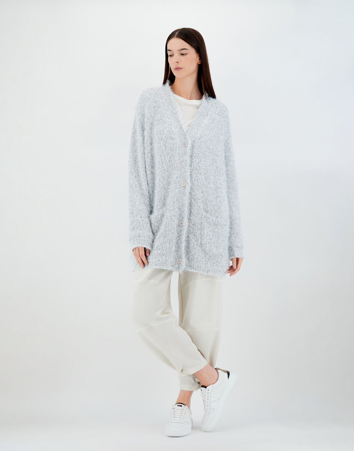 Herno Frizzy Lurex Knit Cardigan In White/silver