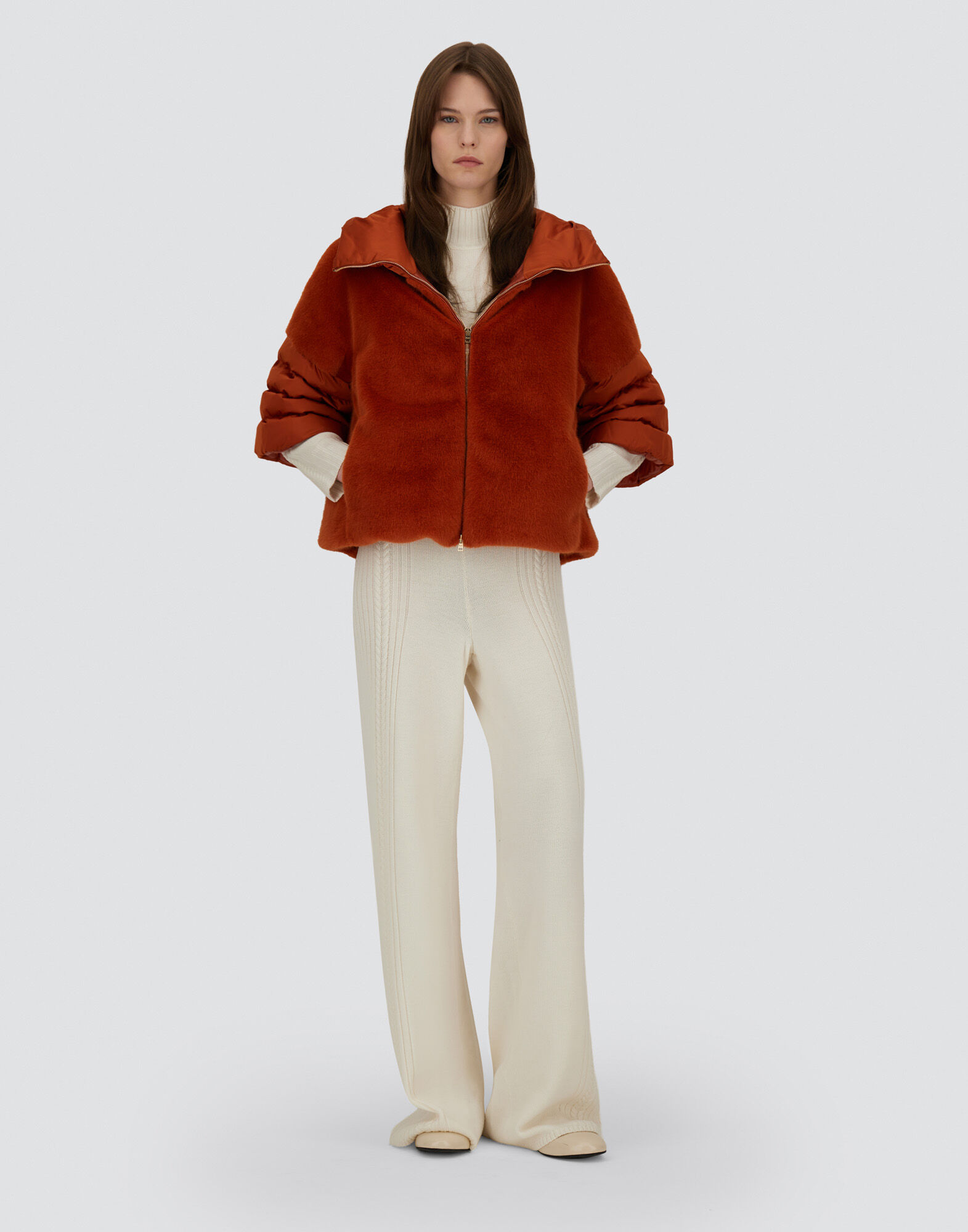 レディース サテン&レディオルタナティブファー ジャケット オレンジ