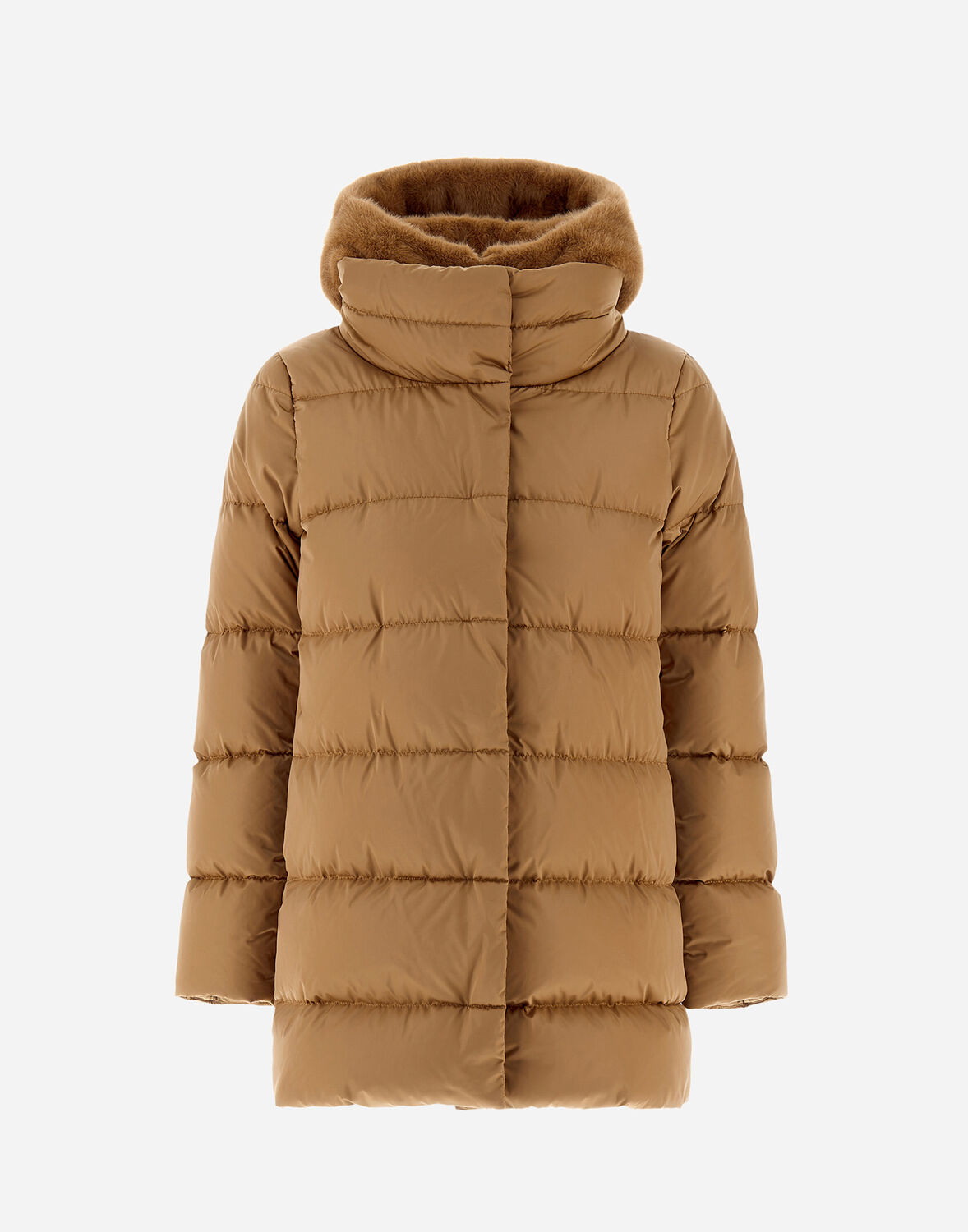 Herno A-shape Jacket In Satin And New Lady Faux Fur In Camel