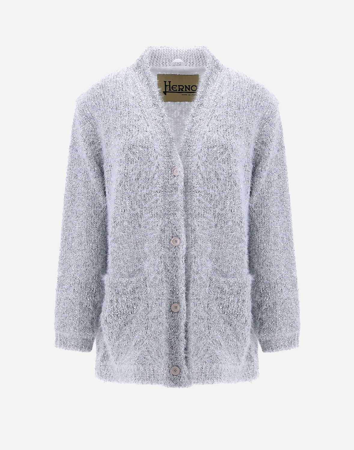 Herno Frizzy Lurex Knit Cardigan In White/silver