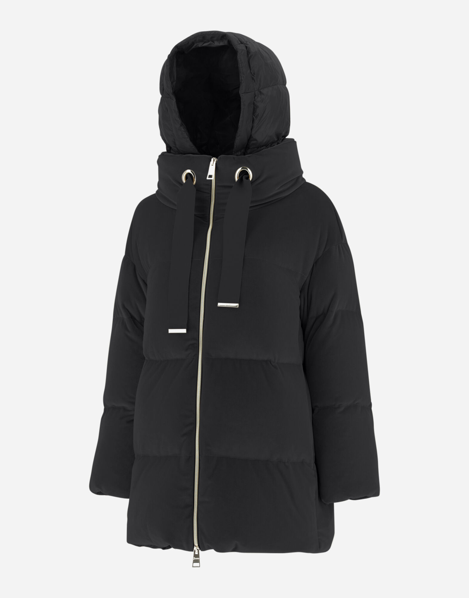 Long puffer coat with crossover zip top