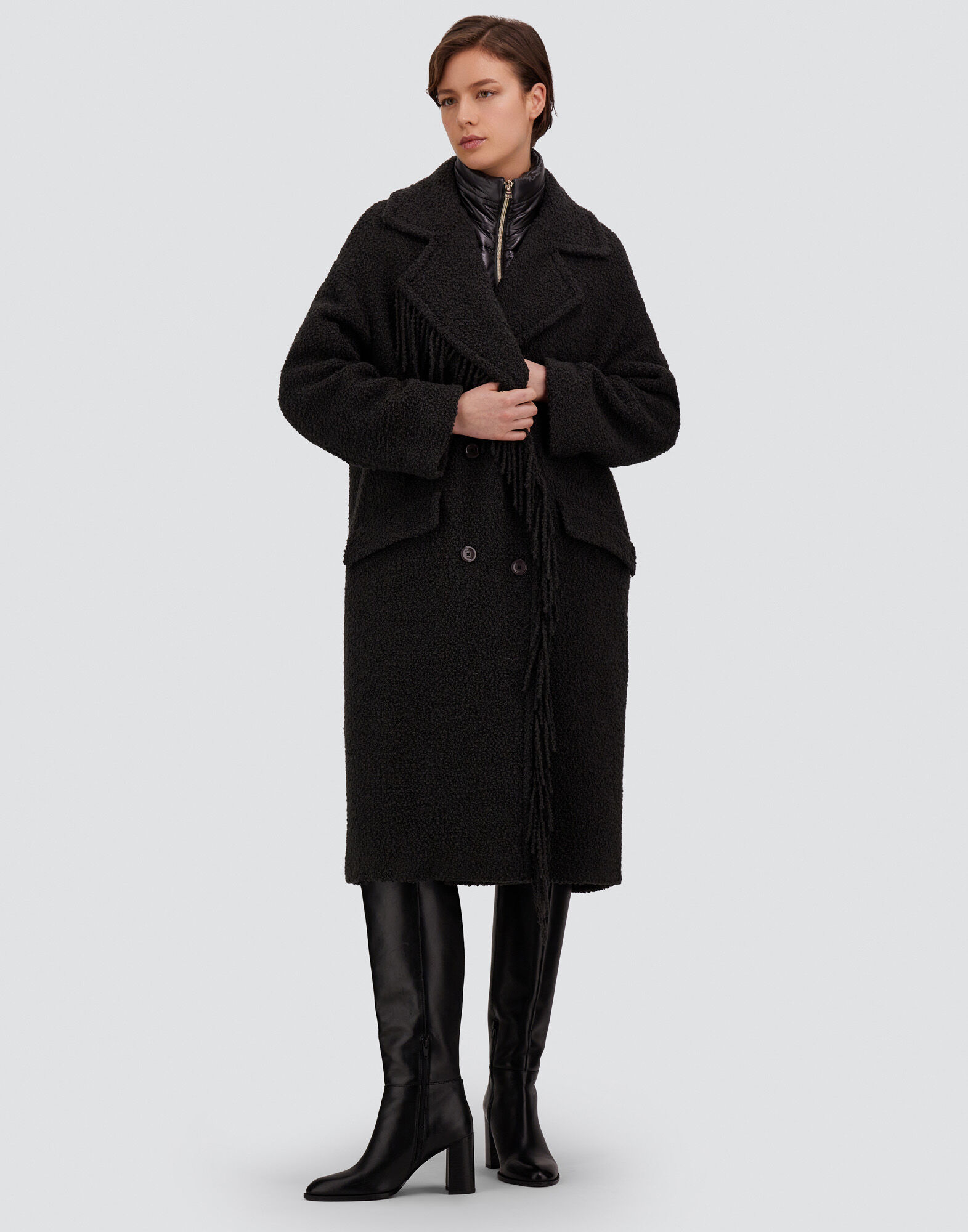 レディース TEDDY COAT WITH FRINGING AND NYLON ULTRALIGHT アイアン