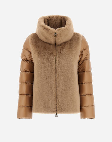 BOMBER JACKET IN NYLON ULTRALIGHT AND LADY FAUX FUR in Camel