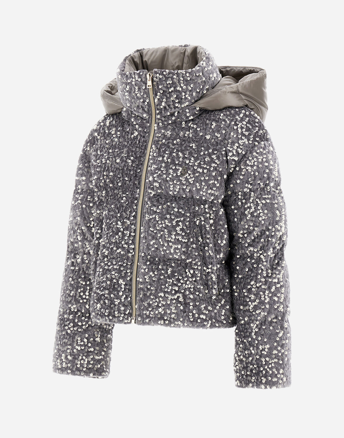 Herno Bomber Jacket In Velvet Paillettes And Nylon Ultralight In Light Grey