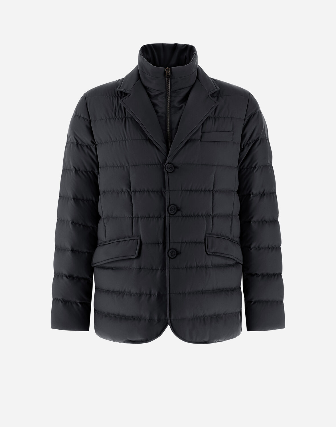 Herno Tailored Black Puffer Jacket With Notched Collar In Navy Blue