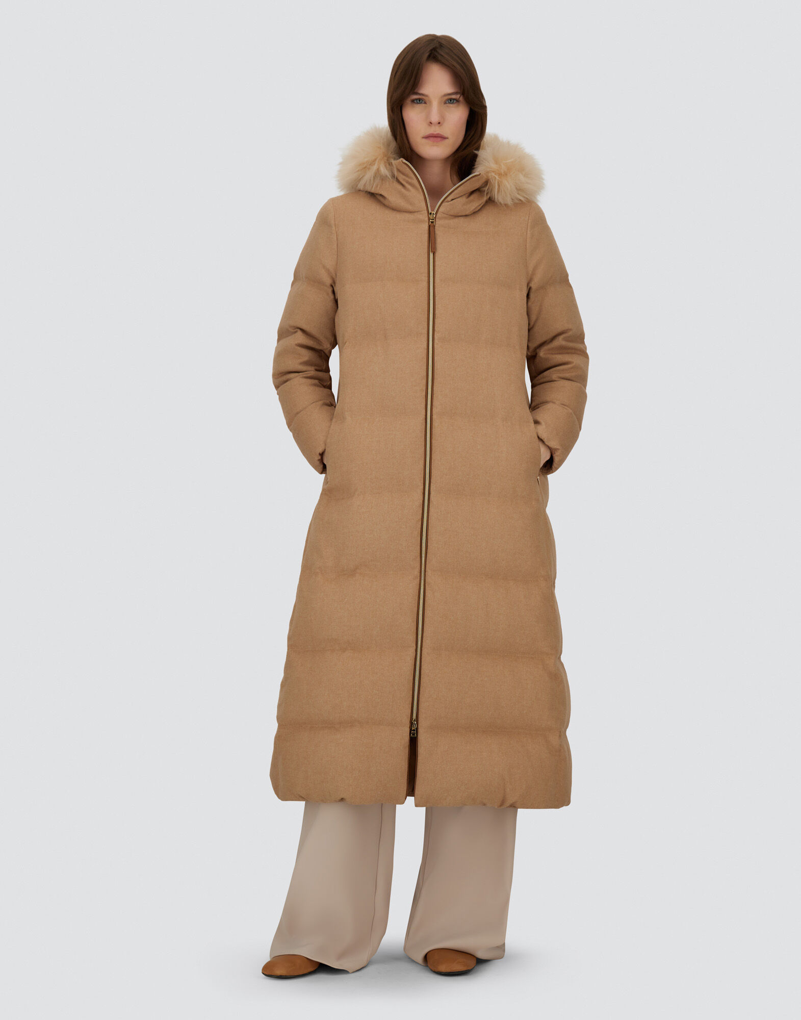 LONG JACKET IN CASHMERE, SILK AND MONOGRAM in Camel for Women | Herno®