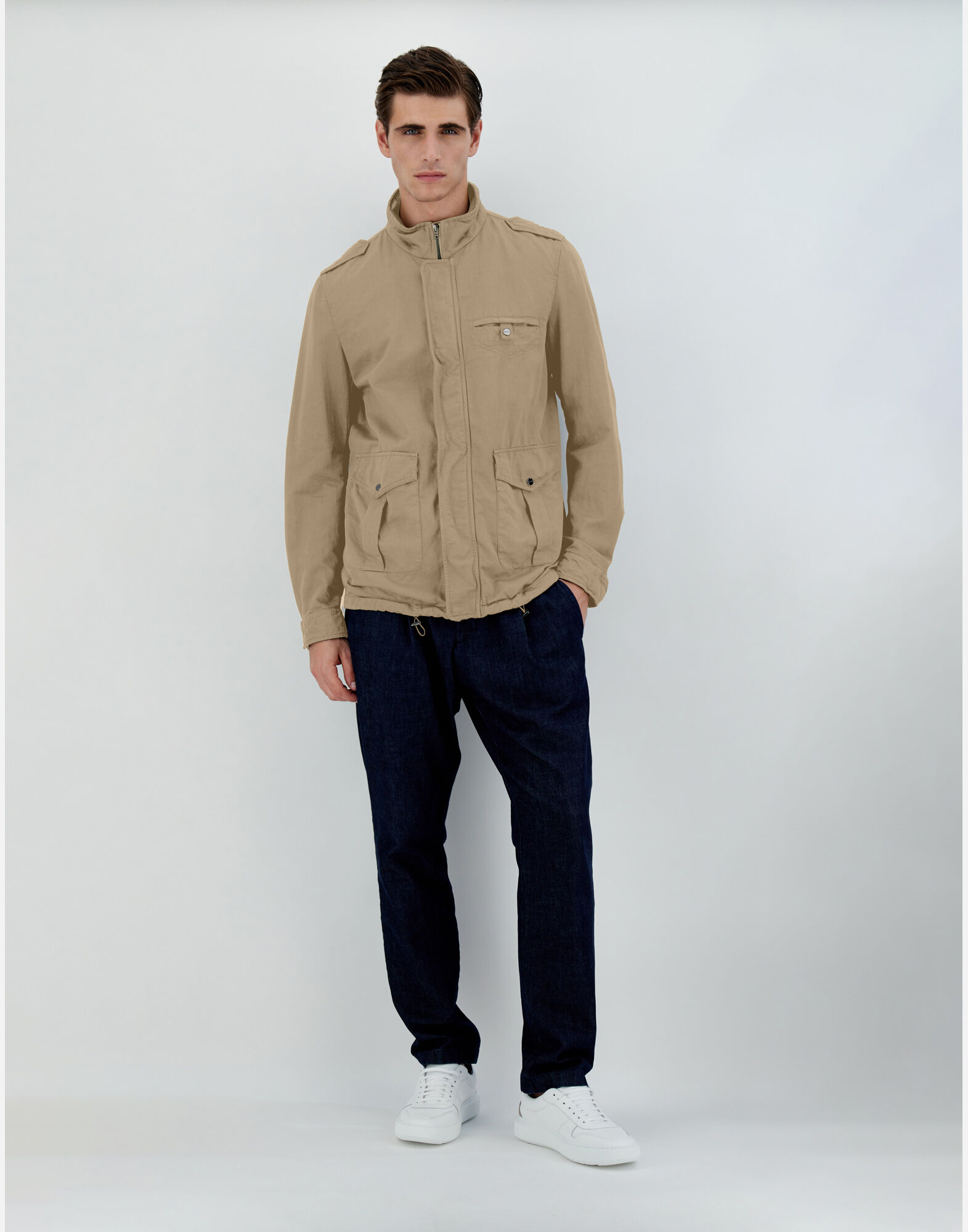 GARMENT DYED LINEN AND COTTON FIELD JACKET in Camel for Men Herno