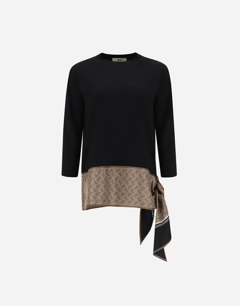 Women S T Shirts In Black Superfine Cotton Stretch T Shirt With Length Sleeves And Foulard Herno