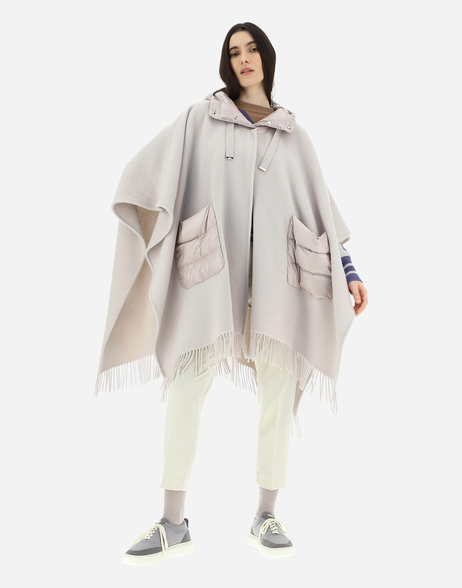 Donna Abbigliamento da Maglieria da Poncho e abiti modello poncho Fringed hooded poncho di Herno in Neutro 