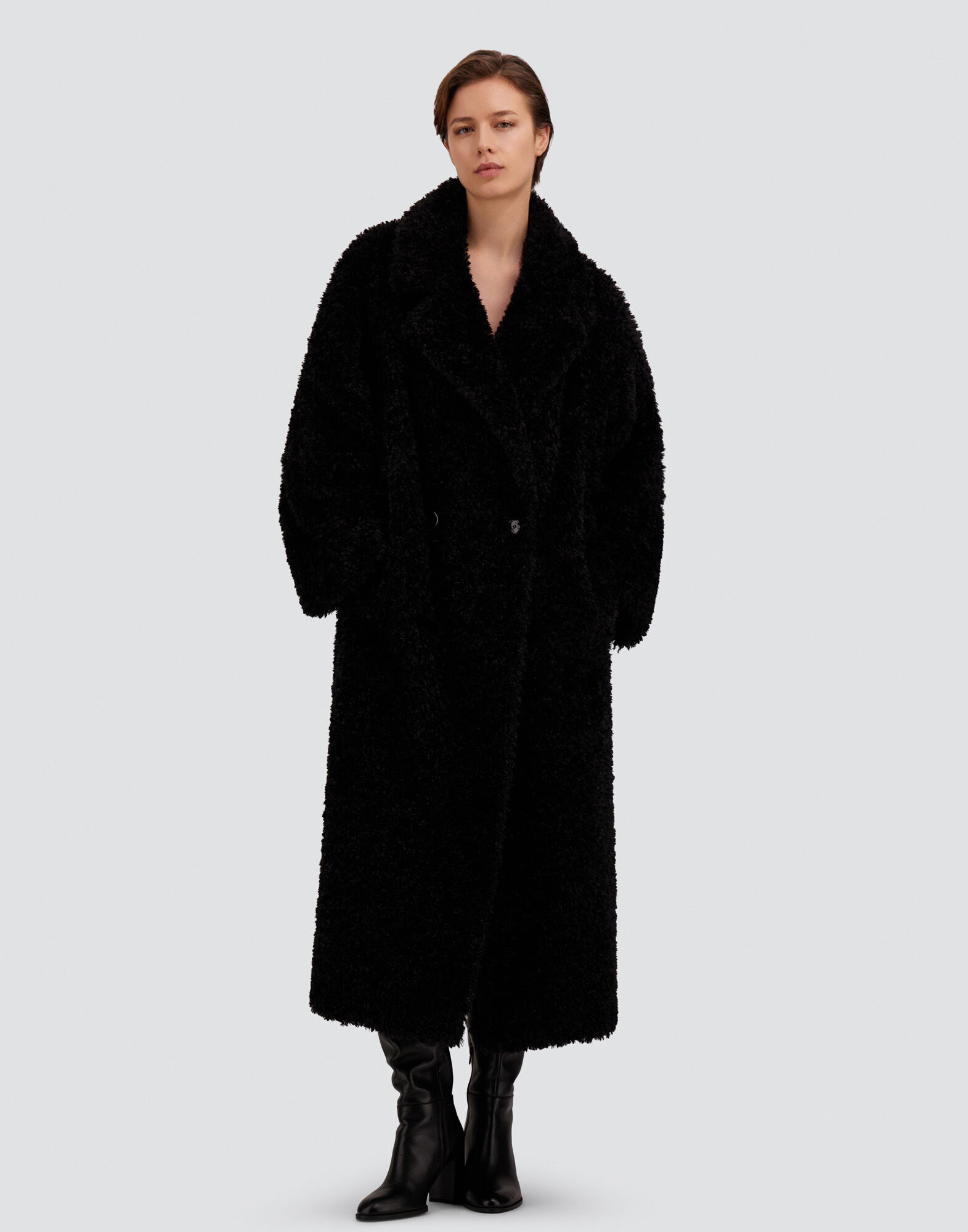 LONG COAT IN CURLY-EFFECT FUR-TOUCH FABRIC in Black for Women | Herno®