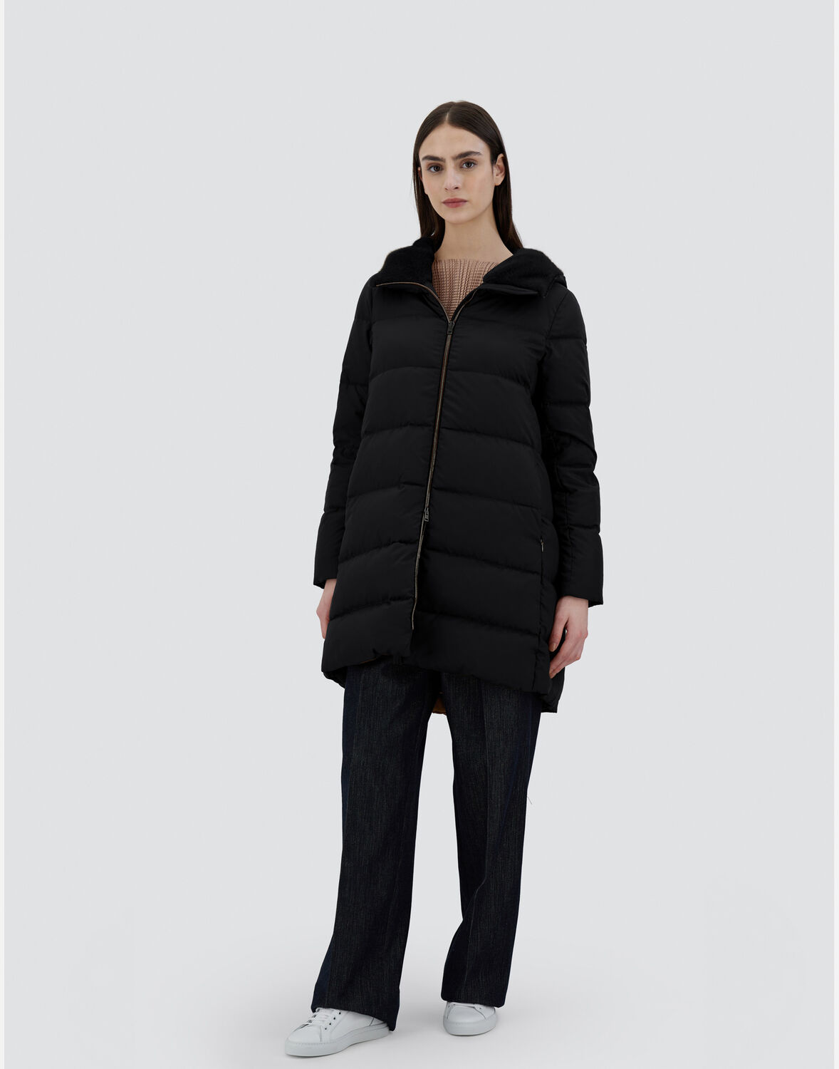 Herno A-shape Jacket In Arendelle And New Lady Faux Fur In Black
