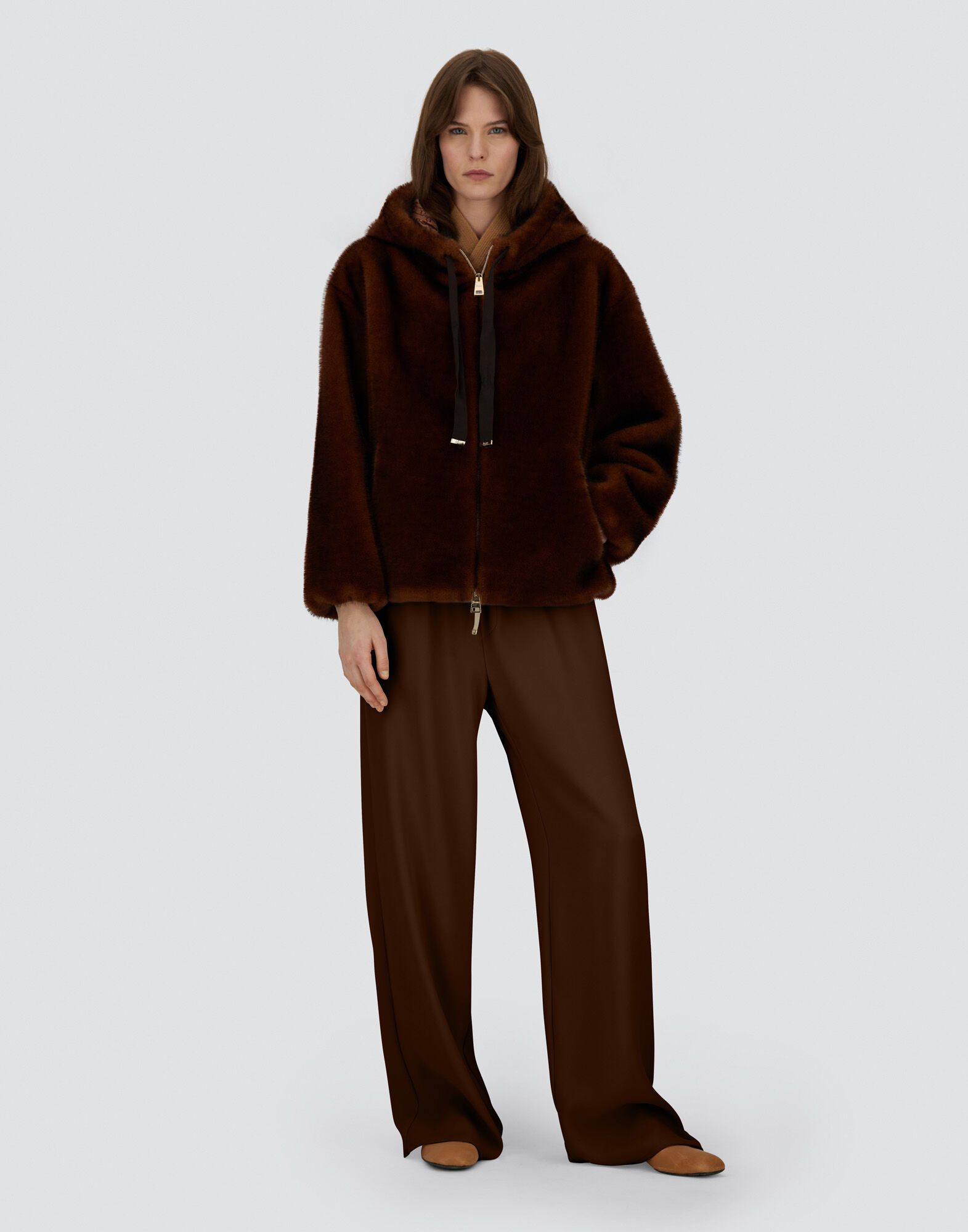 BOMBER JACKET IN MELANGE ALTERNATIVE MINK FUR in Dark Chocolate