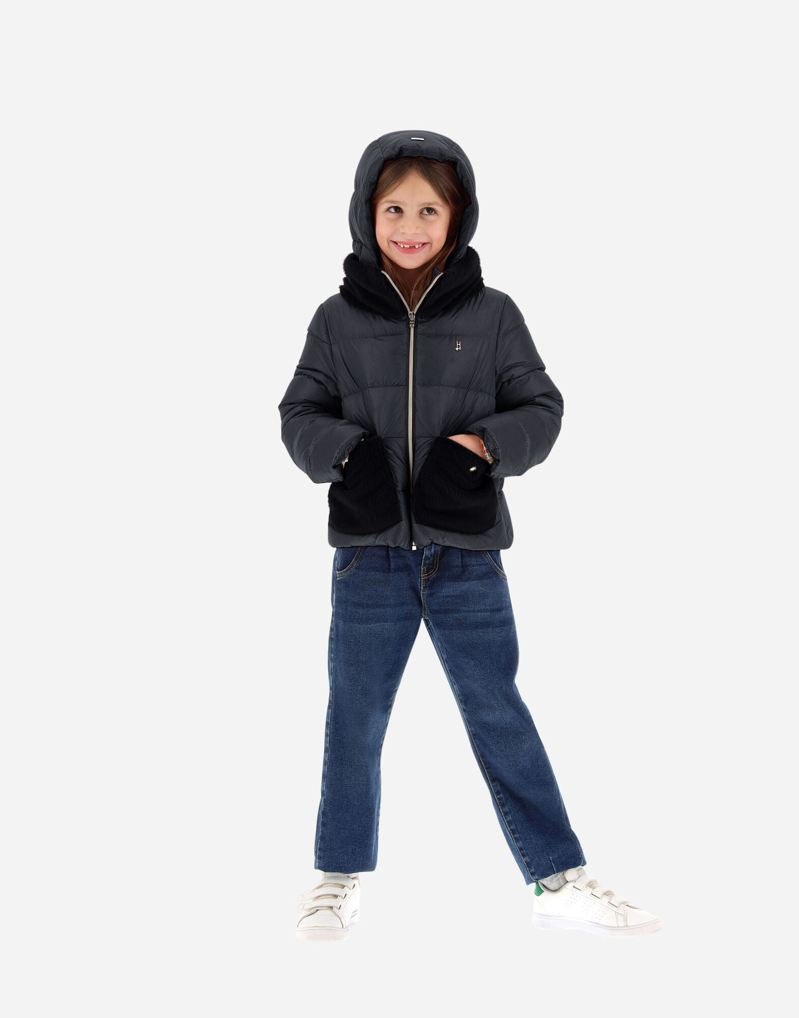 BOMBER JACKET IN NYLON ULTRALIGHT AND LADY FAUX FUR en Black pour