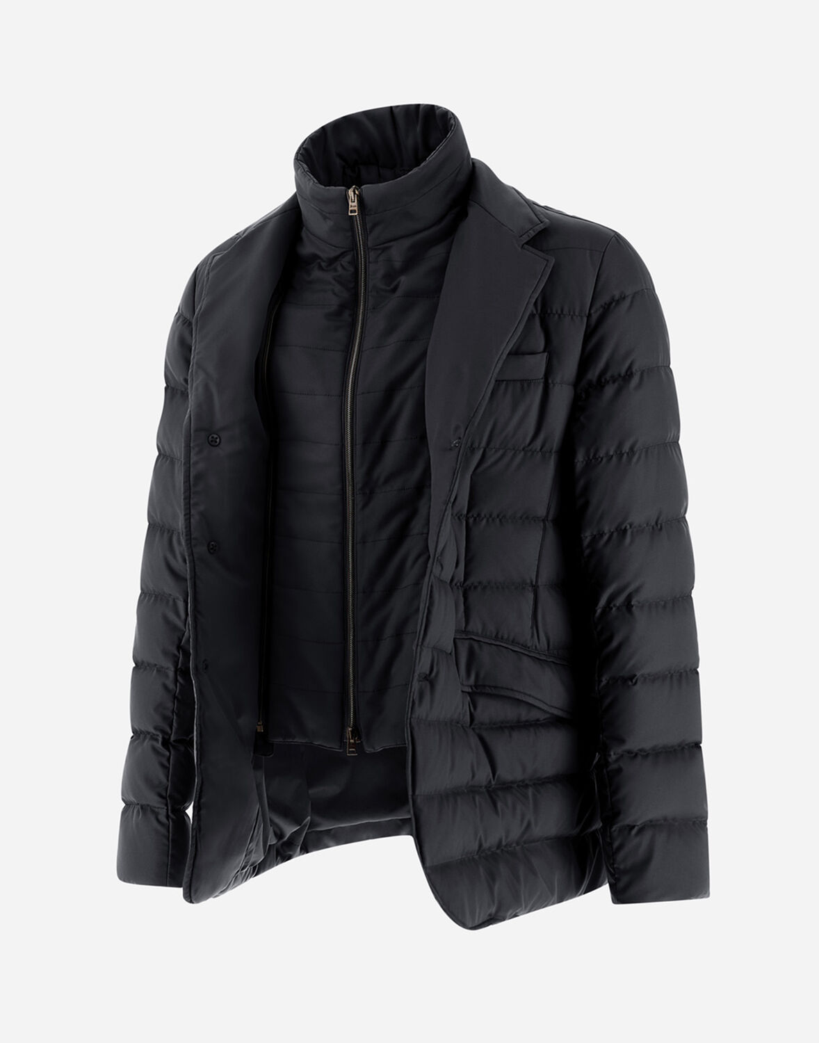 Herno Tailored Black Puffer Jacket With Notched Collar In Navy Blue