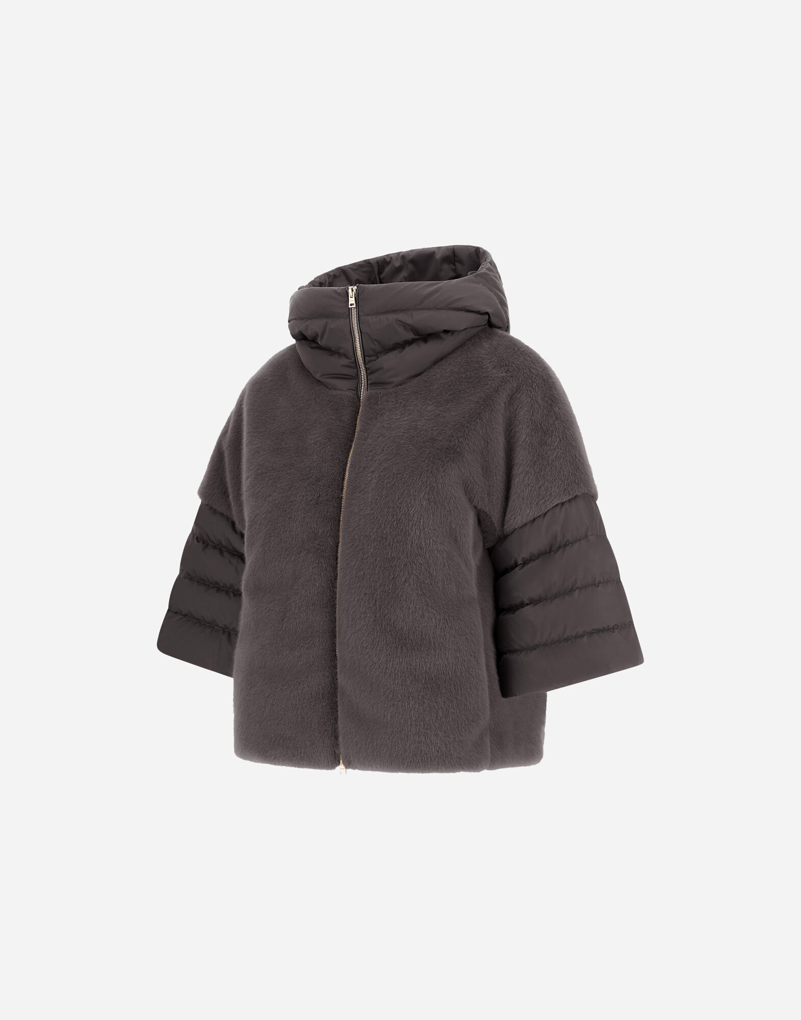 Herno フード付きグレーアウター レディース サテン&レディオルタナティブファー ジャケット