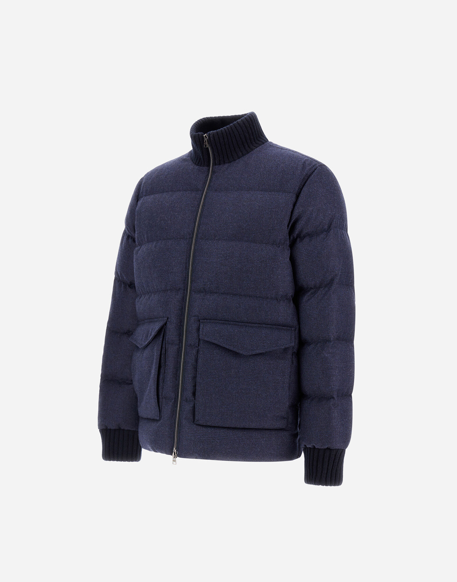 メンズ ウールカシミア グレンチェック ボンバージャケット ネイビー