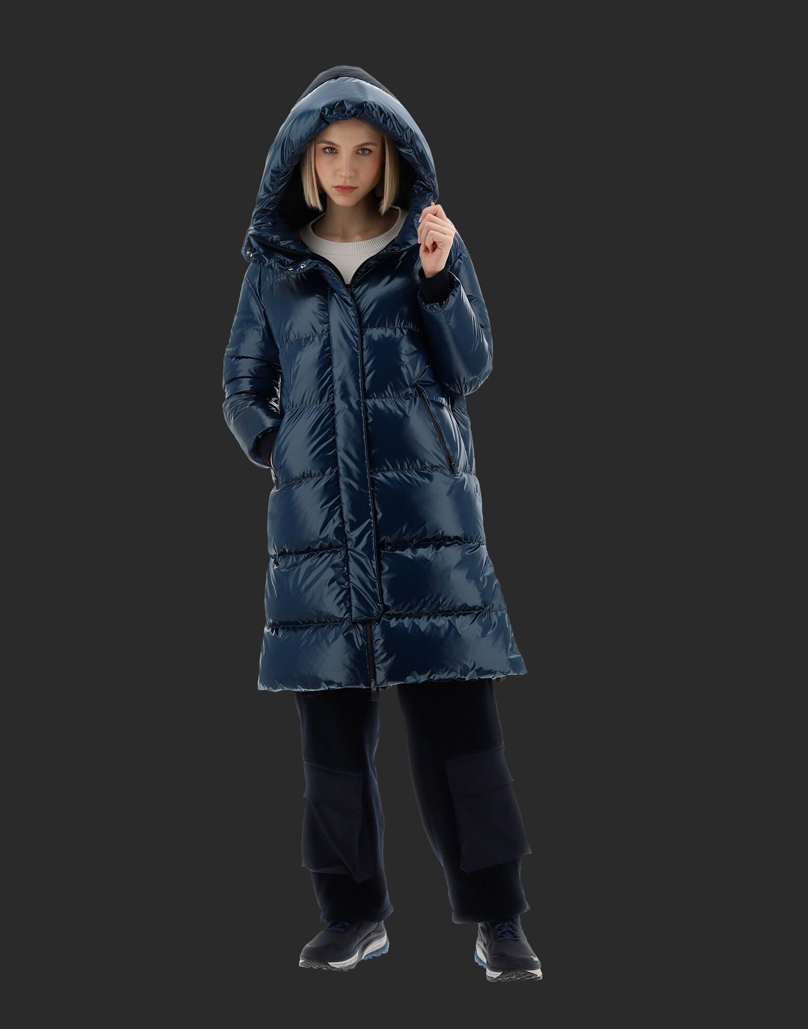 PIUMINO CAPPUCCIO VERNICE CON SPACCHI in Indian Blue for Women