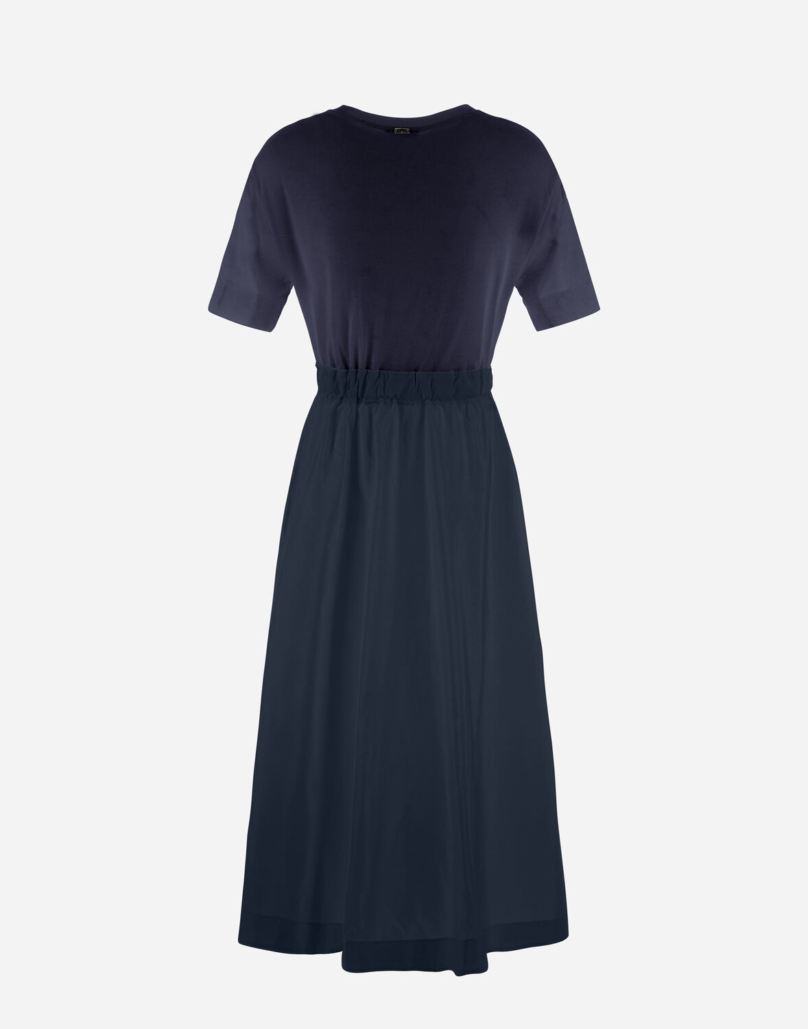 Herno Blue Crewneck Midi Dress With Elastic Drawstring Waist And Panelled Design In Tech Fabric Woman In Black