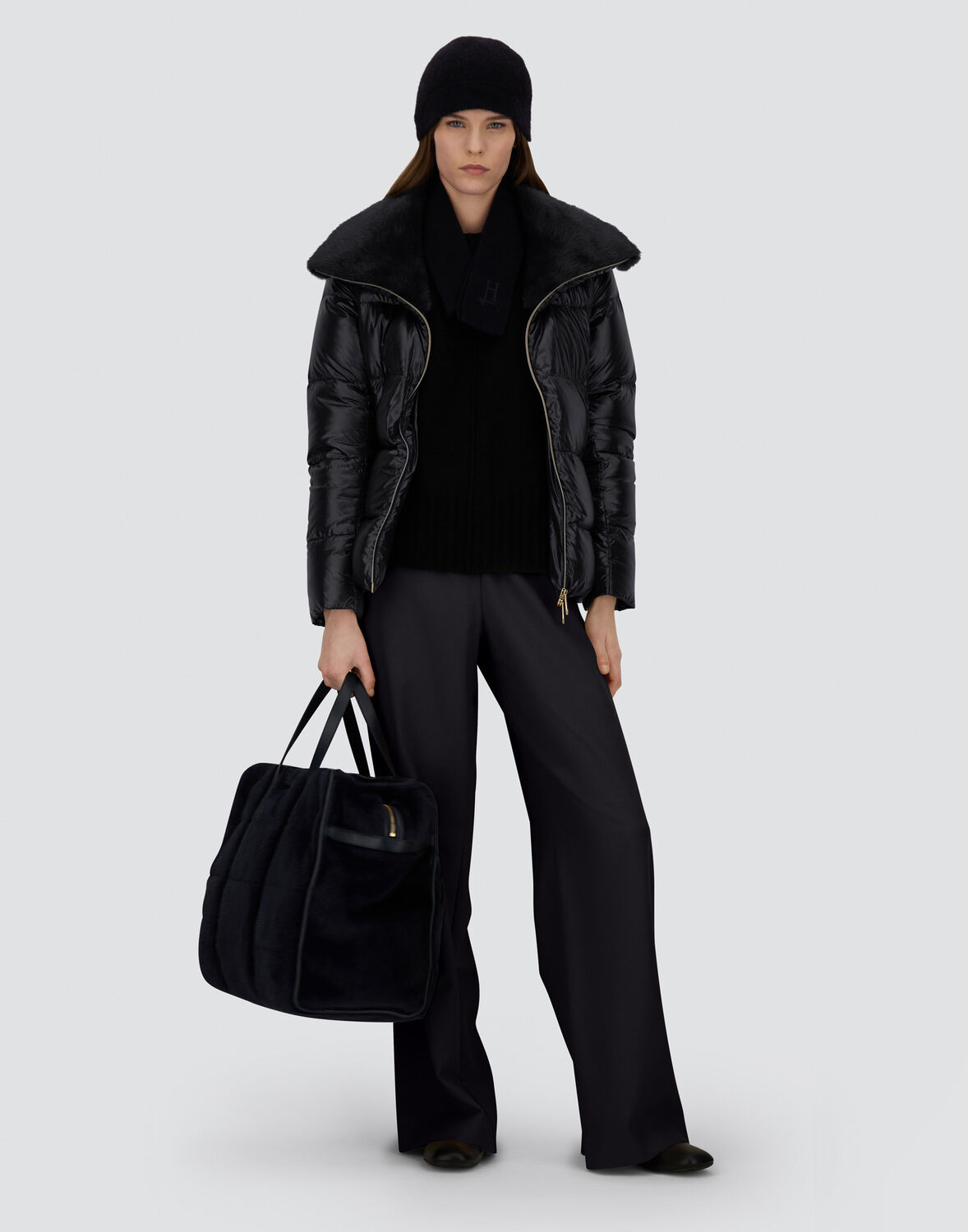 Herno Bomber Jacket In Nylon Ultralight And New Lady Faux Fur In Black