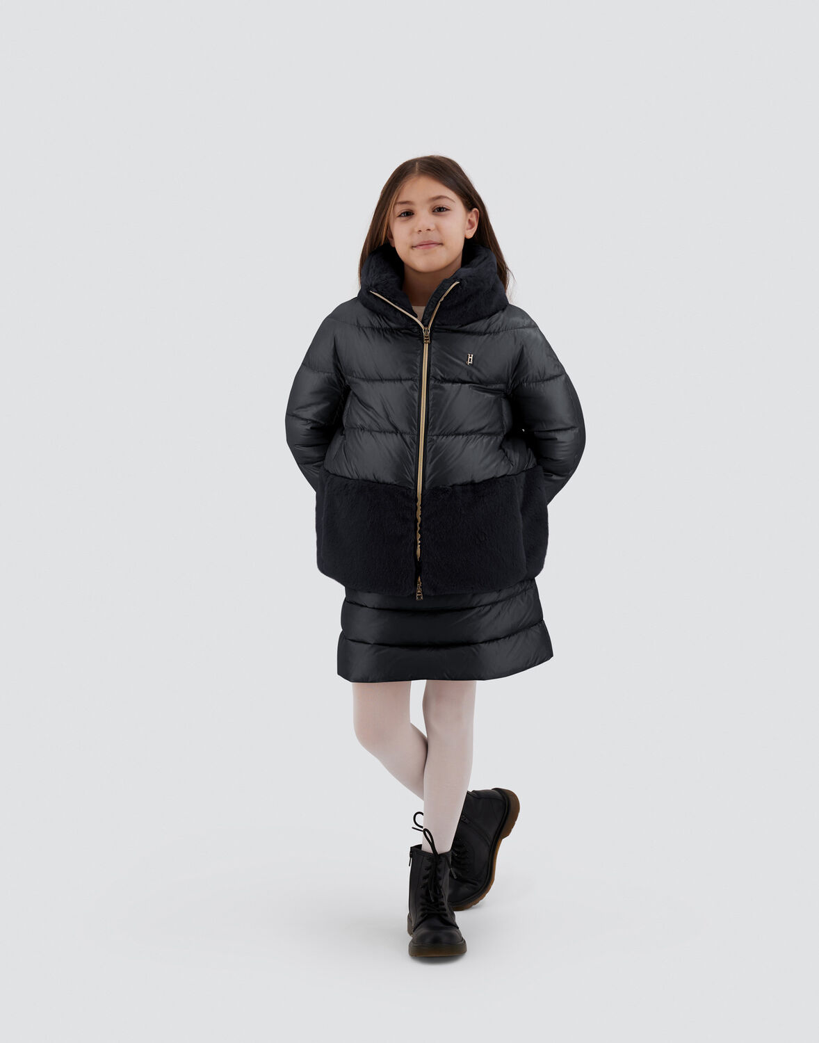Herno A-shape Jacket In Nylon Ultralight And Soft Faux Fur In Black