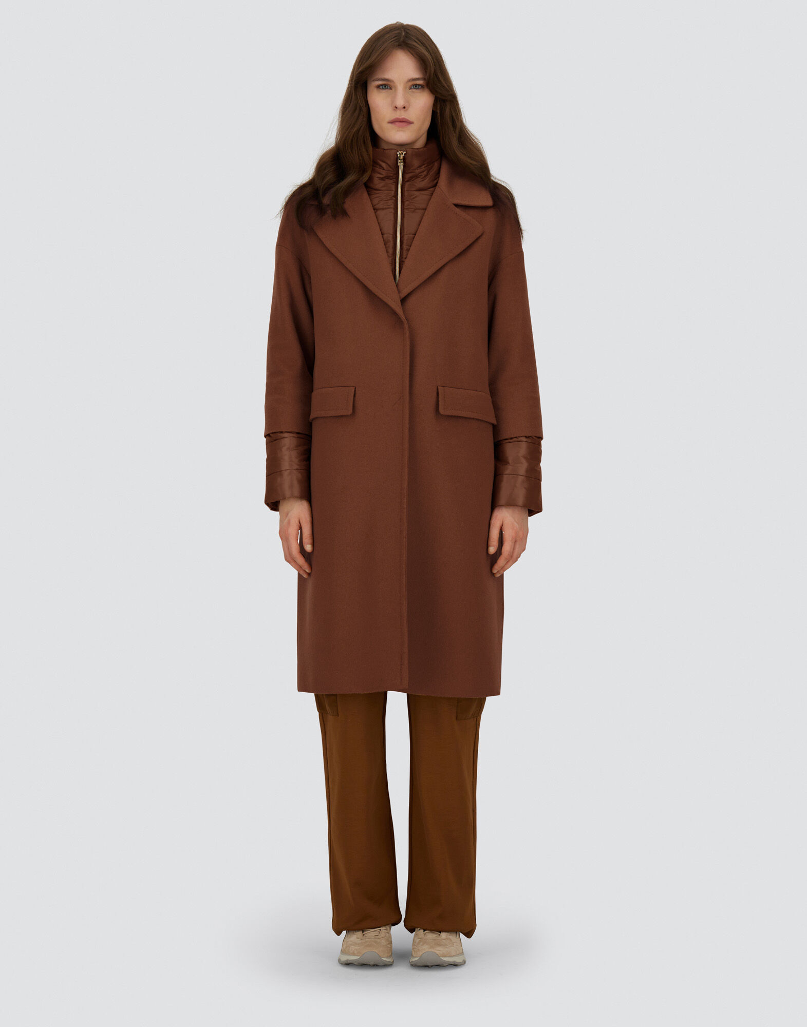 レディース ピュアカシミア&ナイロンウルトラライト コート 革色