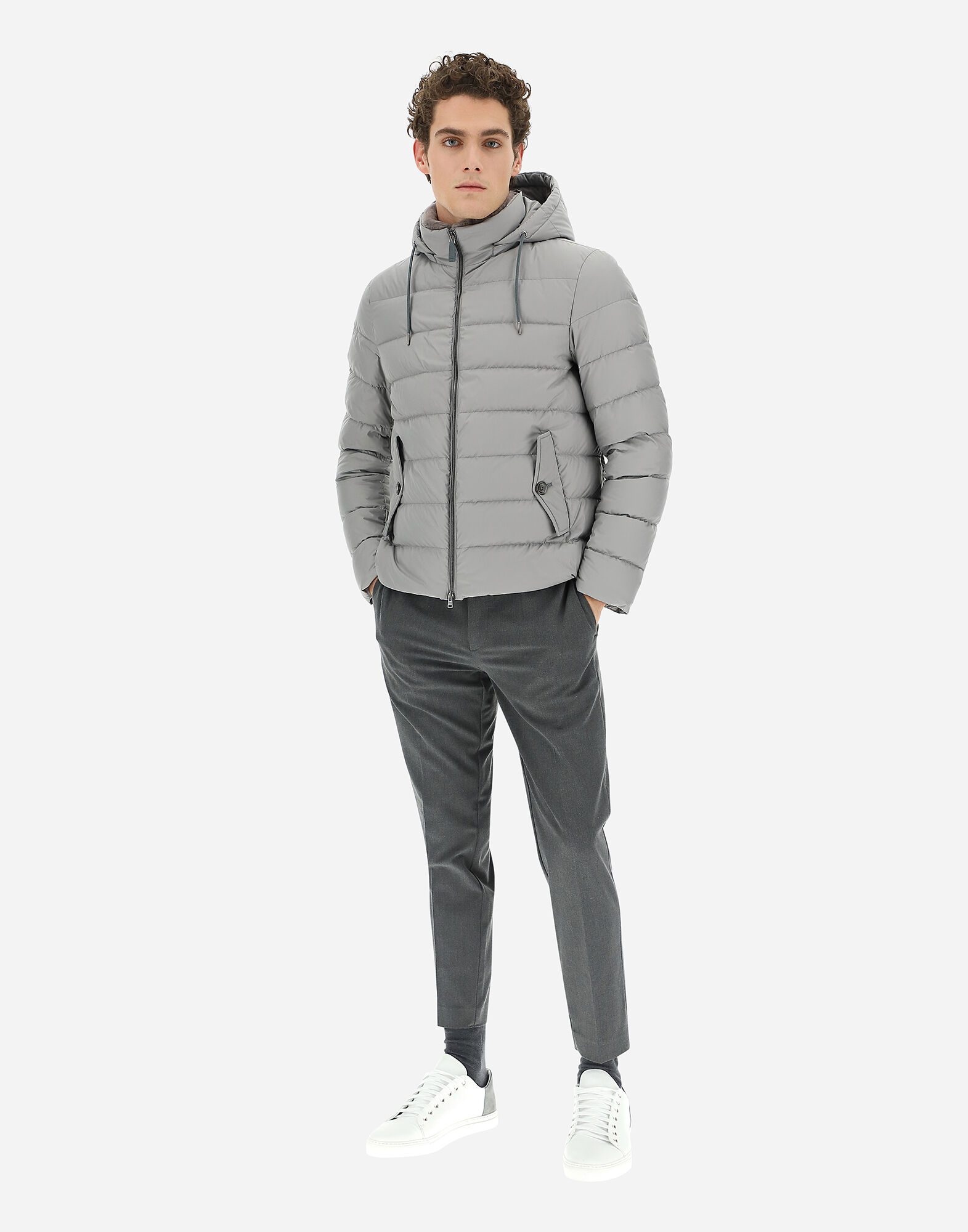 grey jacket with fur collar