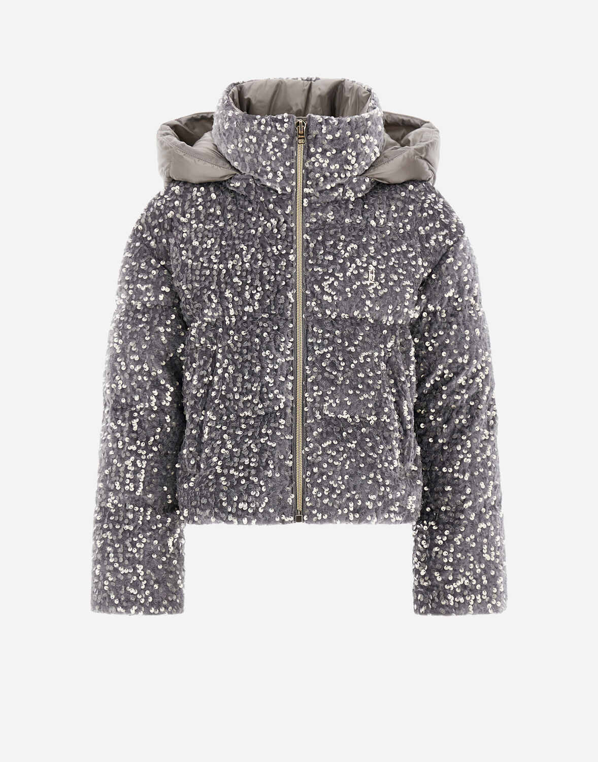 Herno Bomber Jacket In Velvet Paillettes And Nylon Ultralight In Light Grey