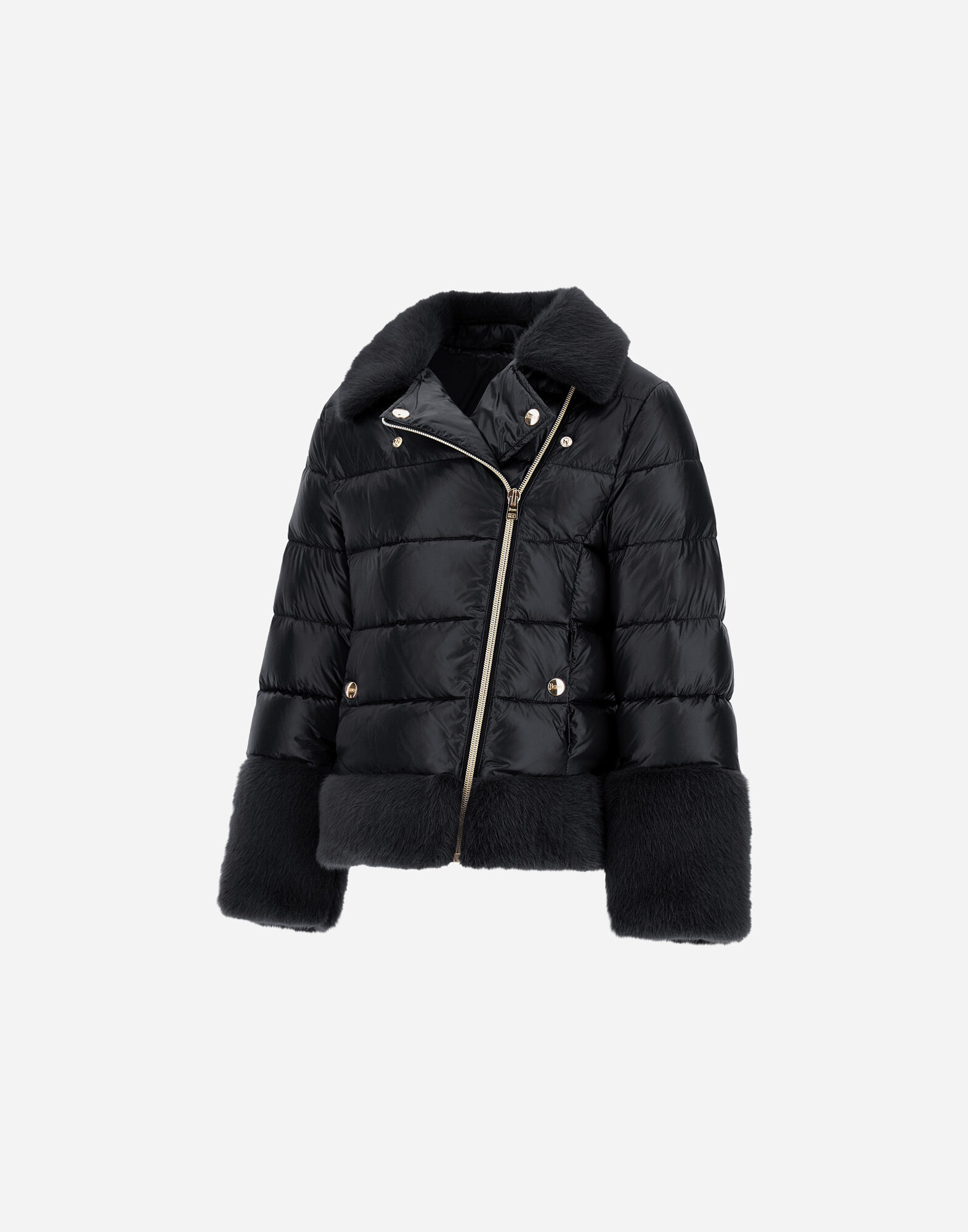 BIKER JACKET IN NYLON ULTRALIGHT AND LADY ALTERNATIVE FUR in Black