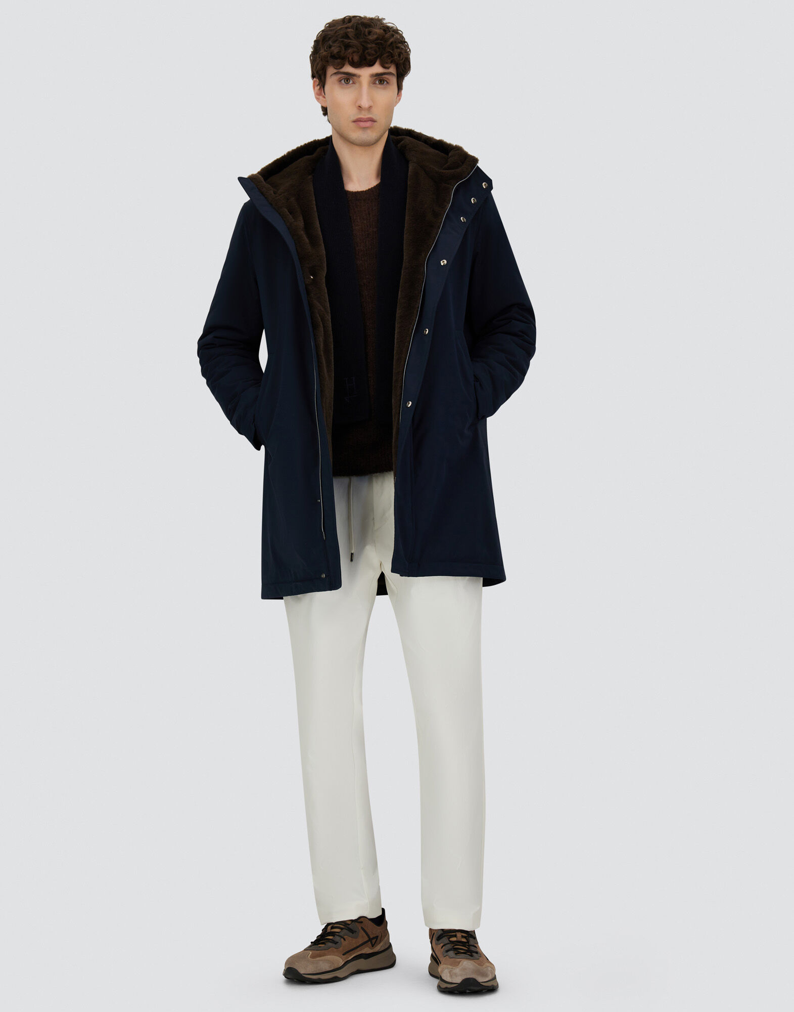 Herno フード付きネイビーコート メンズ キーストーン&ライトフォウファー コート ネイビーブルー