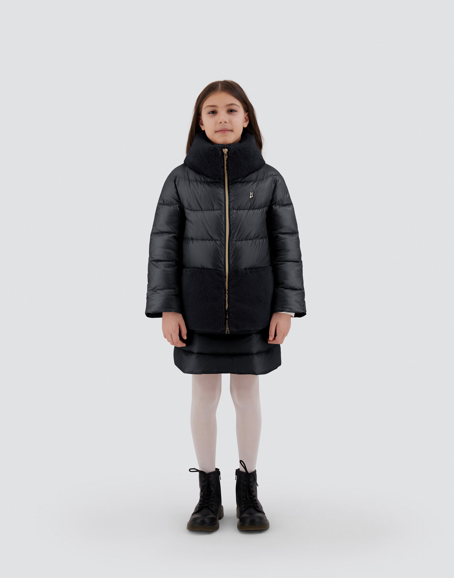 女児 ウルトラライトナイロン＆ソフトフェイクファー Aシェイプ ブラック Herno® (ヘルノ)