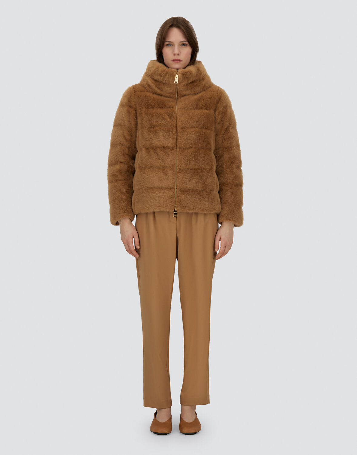 Herno Down Cape Style Jacket With Fur Effect In Camel