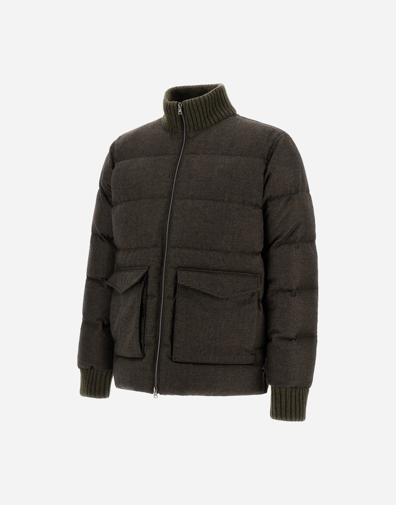 メンズ ウールカシミア グレンチェック ボンバージャケット オリーブ