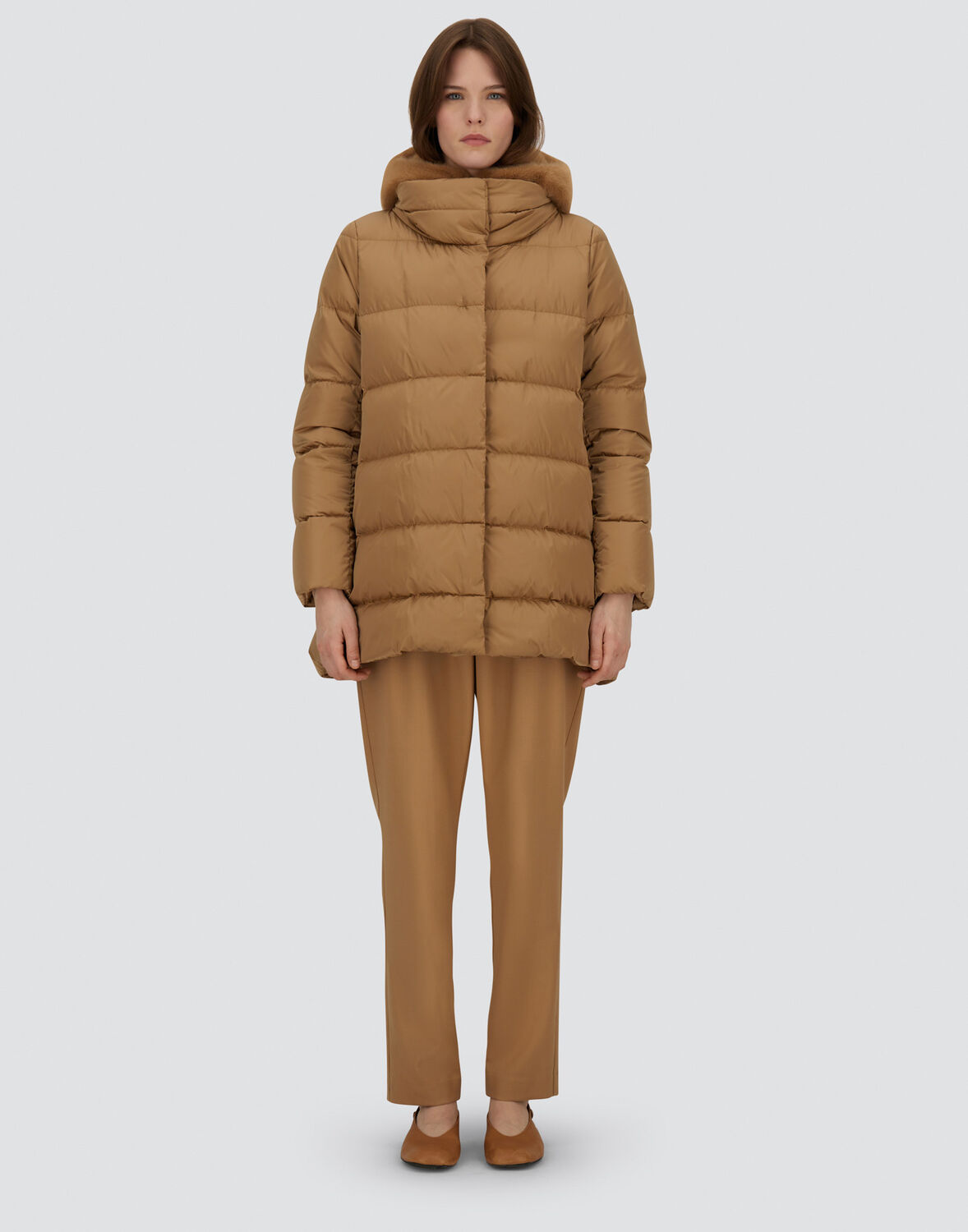 Herno A-shape Jacket In Satin And New Lady Faux Fur In Camel