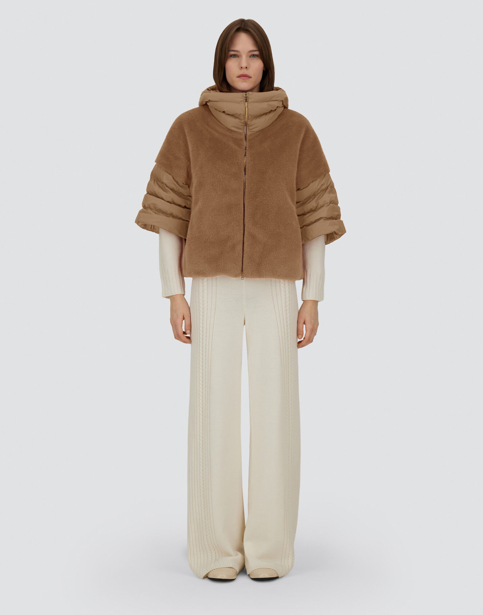 レディース サテン&レディオルタナティブファー ジャケット キャメル