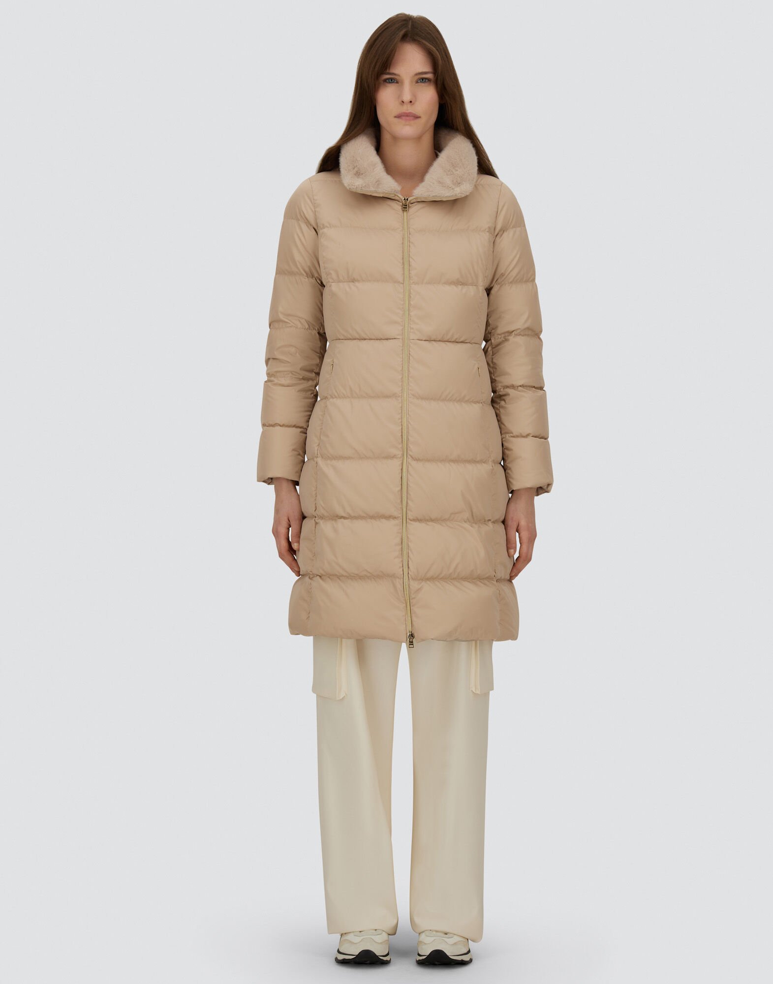 レディース サテン&レディオルタナティブファー ロングコート