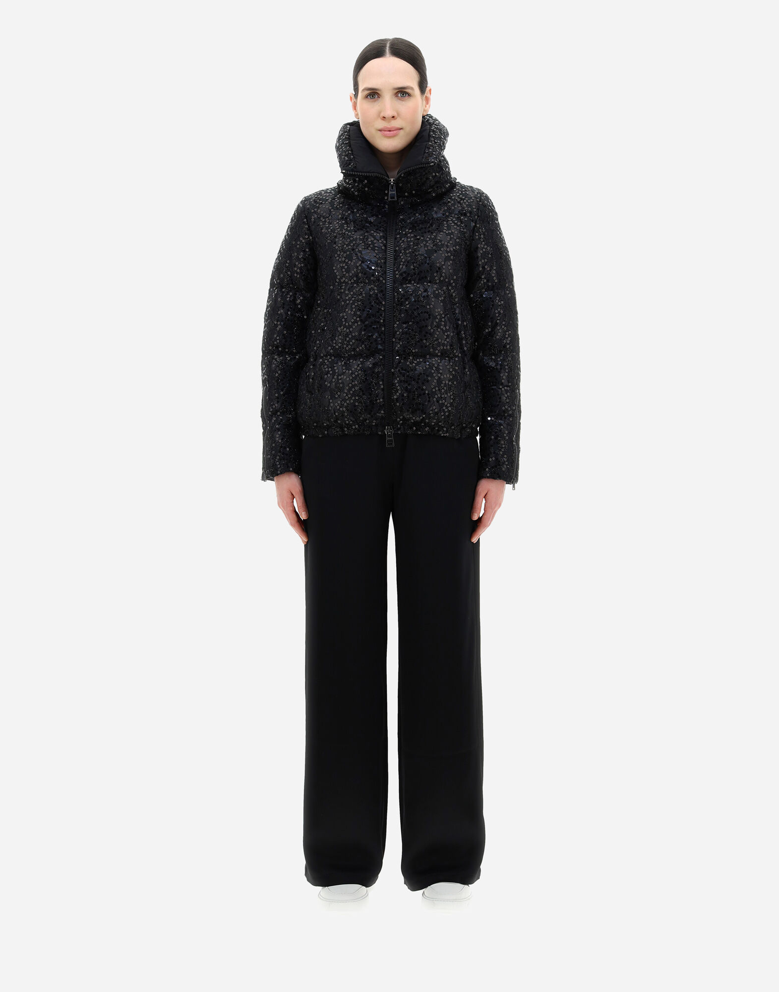 PAILLETTES LACE AND SATIN BOMBER JACKET in Black for Women Herno