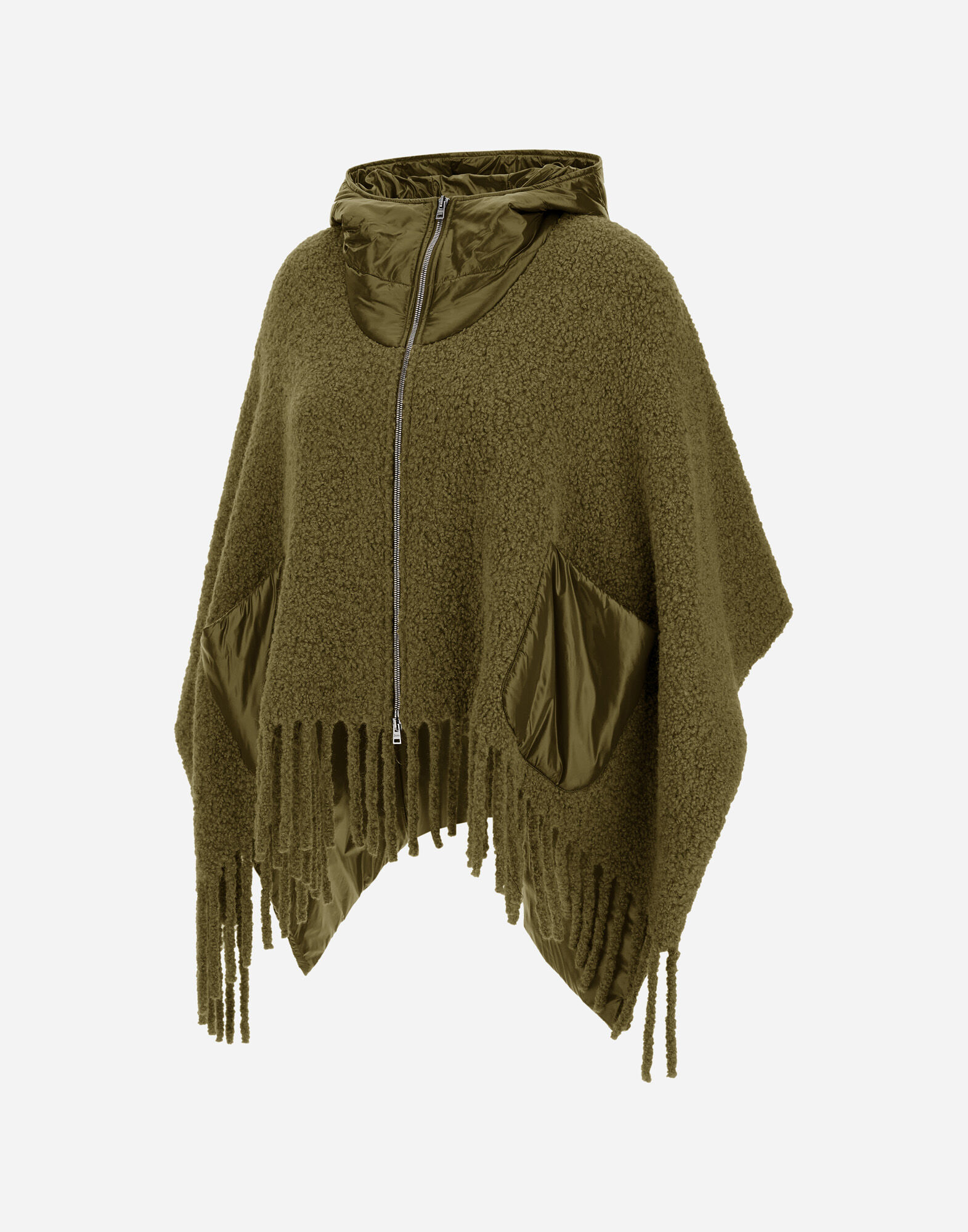 ALPACA WOOL BOUCLÉ AND NYLON ULTRALIGHT PONCHO in Military for