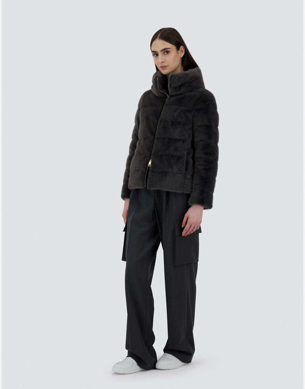 Herno Quilted Faux Fur Down Jacket In Grey