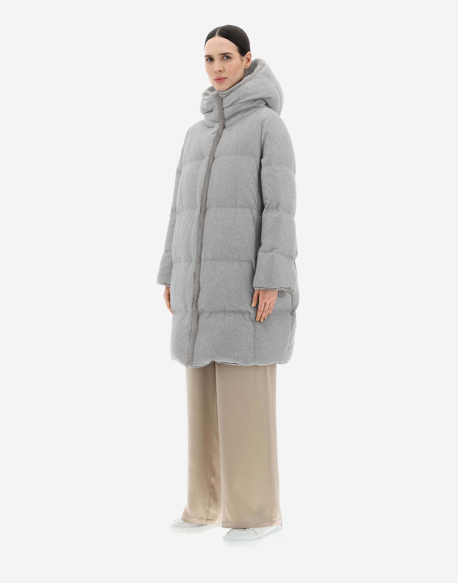 CASHMERE SILK AND LADY FAUX FUR PARKA in Light Grey for Women