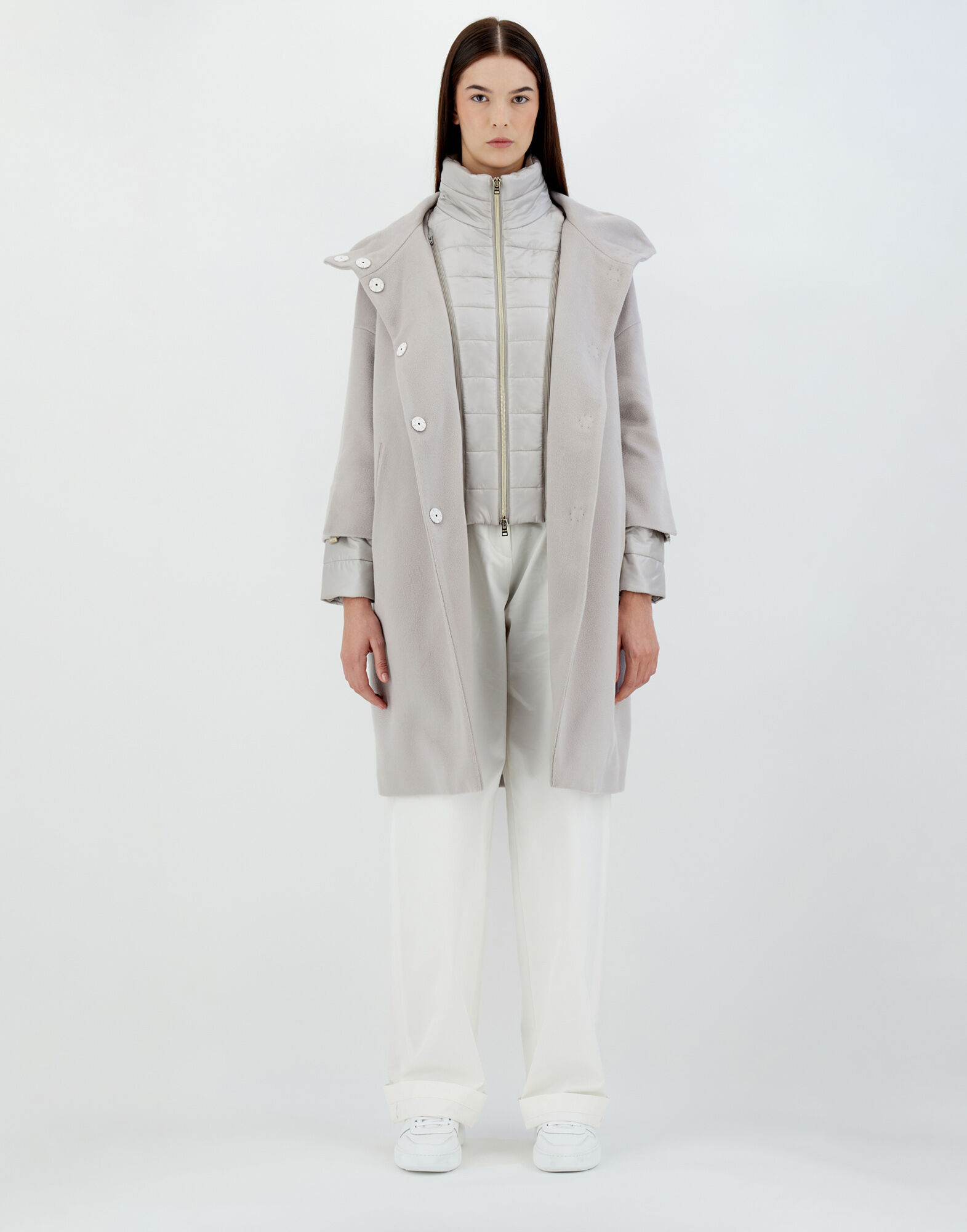 BUSINESS CASHMERE AND NYLON ULTRALIGHT COAT in Grey Pearl BUSINESS CASHMERE AND NYLON ULTRALIGHT COAT in Grey Pearl