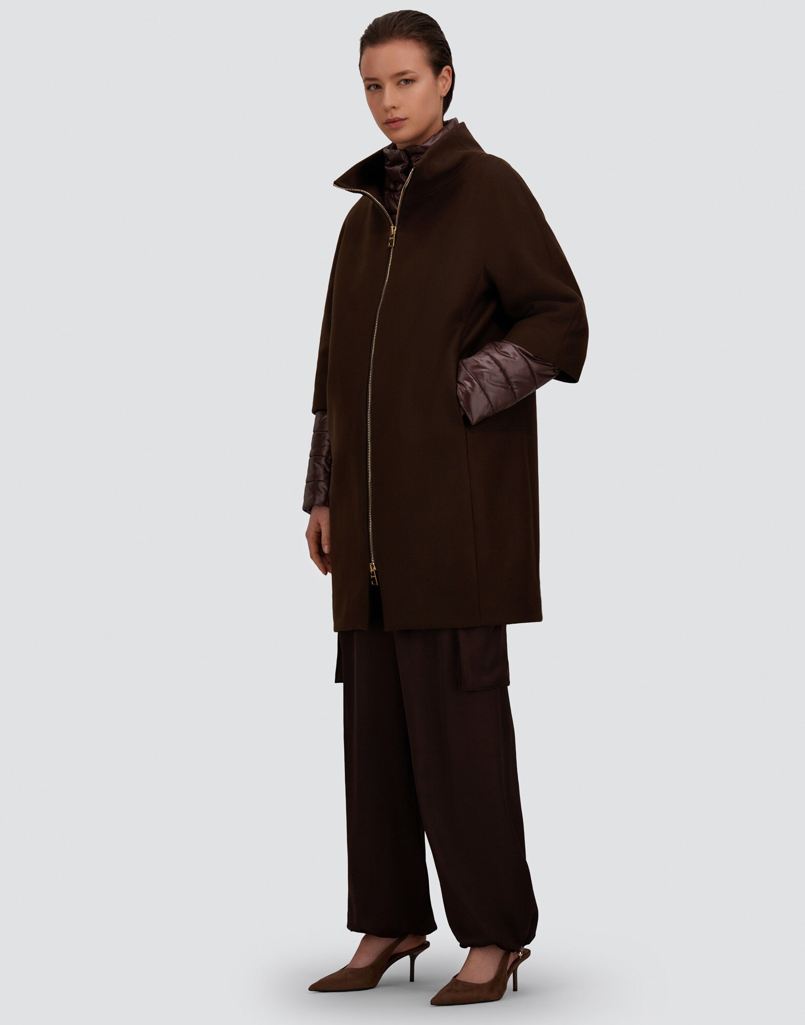 美品 ヘルノ ナイロン ロングコート フード ロゴプレート 38 ブラウン レディース ECOWOOL AND NYLON ULTRALIGHT COAT ダークチョコレート