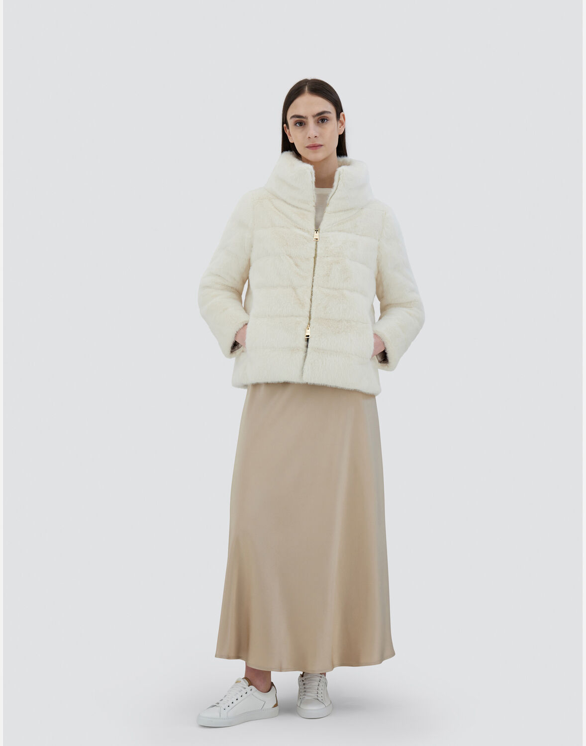 Herno White Faux Fur Quilted Down Jacket In White