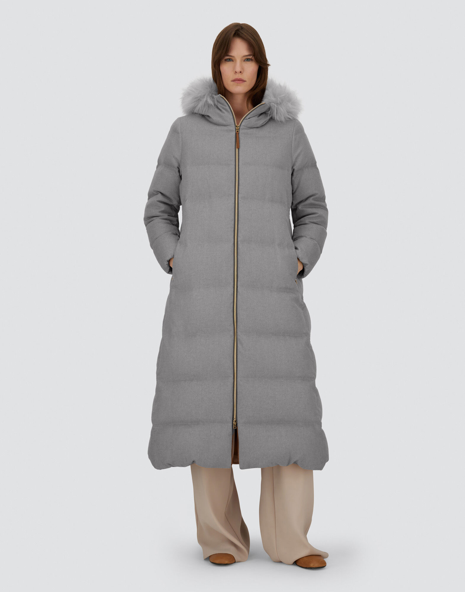 レディース LONG JACKET IN CASHMERE, SILK AND MONOGRAM グレー