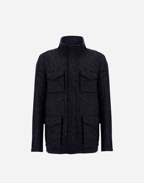 Herno RESORT FIELD JACKET IN BOUCL&Eacute; WOOL FABRIC AND SUEDE-EFFECT MICROFIBRE Navy Blue FI00025UR334979200