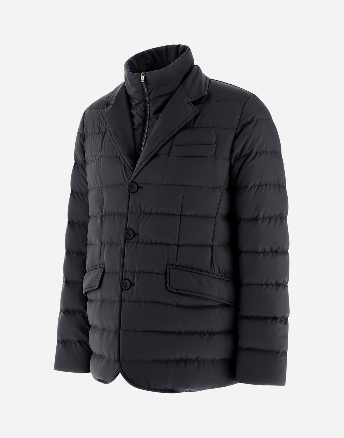 Herno Tailored Black Puffer Jacket With Notched Collar In Navy Blue