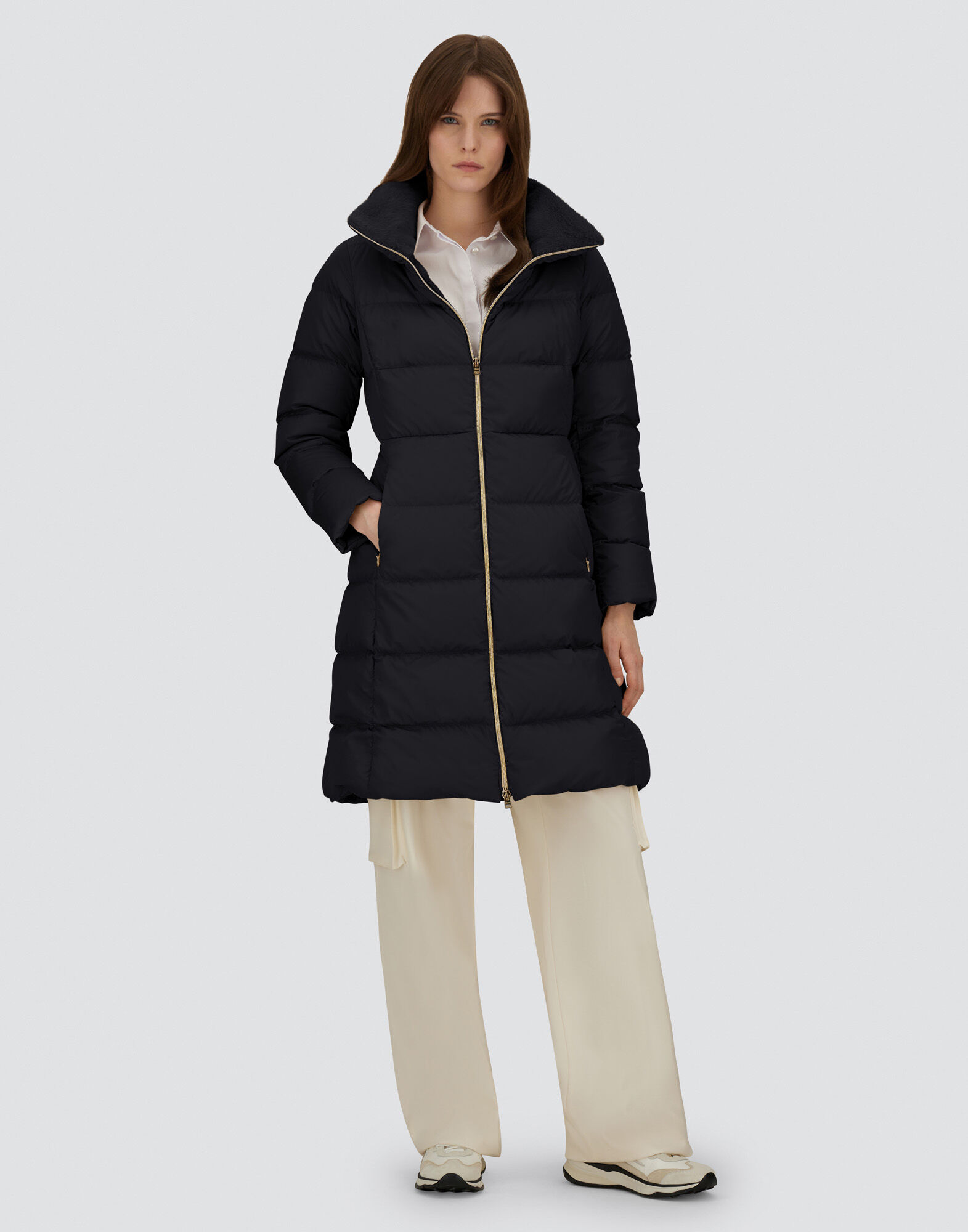 レディース サテン&レディオルタナティブファー ロングコート