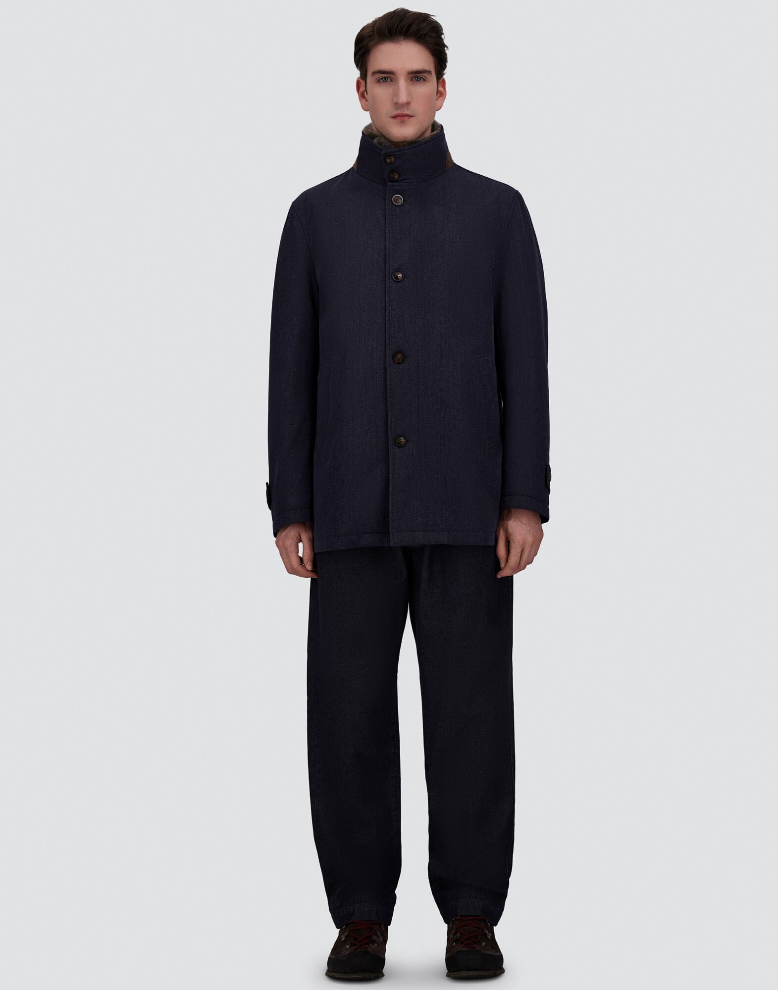 HERNO ヘルノ ハイネック シングルコート ネイビー メンズ ファインウール ショートコート ネイビーブルー | Herno® (ヘルノ)